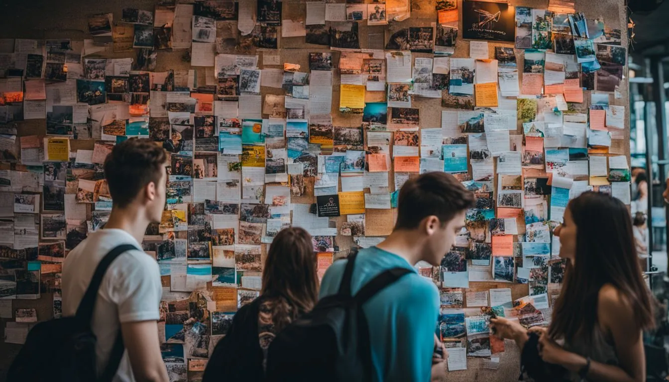 Four people standing at a community bulletin board layered edge to edge with notes, photographs, and flyers.